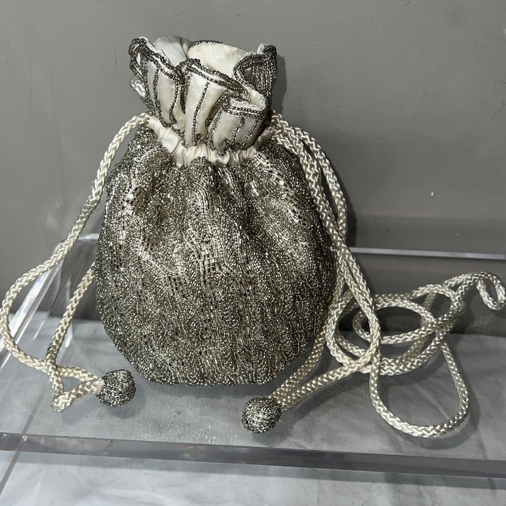 Silver Bugle Beaded Silk Lined Mini Cinch Bucket Shoulder Crossbody Bag